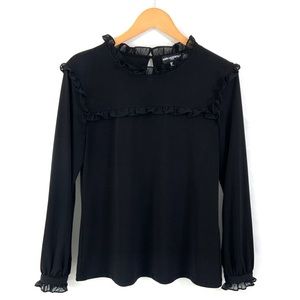 KARL LAGERFELD Long Sleeve Black Top Size Small Ruffle Trim Solid Black N28